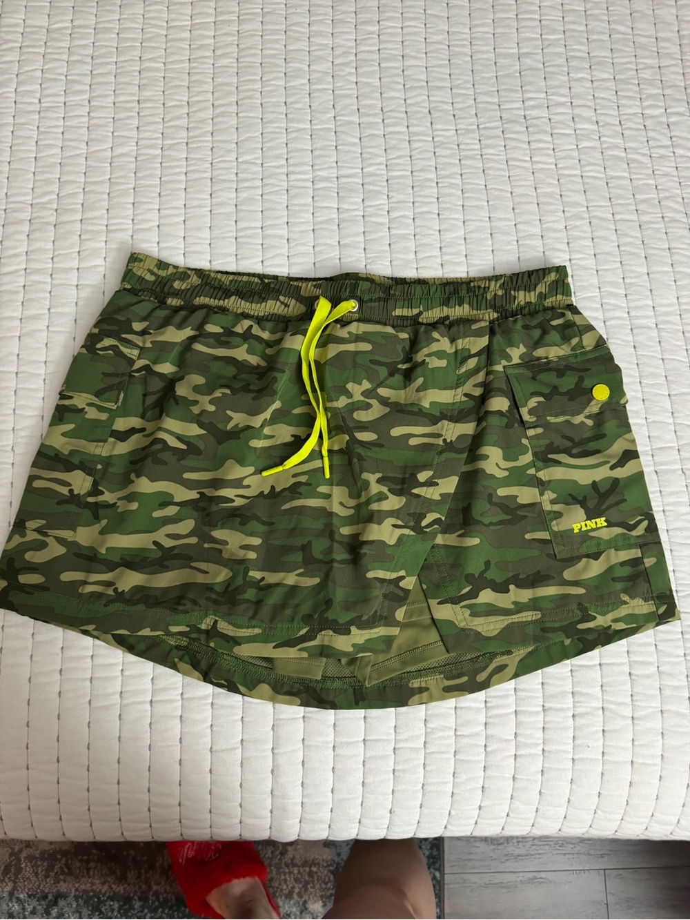 PINK Victoria's Secret Green Camo Skort with Neon Drawstring